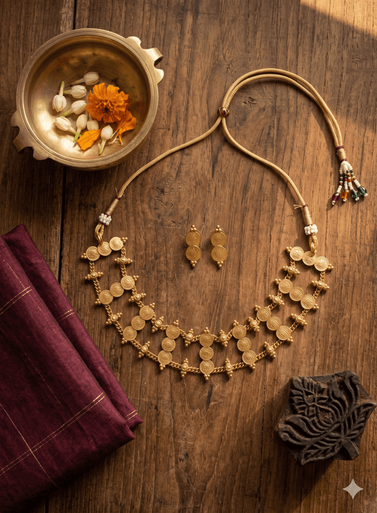 Traditional South Indian gold coin necklace with matching earrings, displayed on wooden surface with flowers