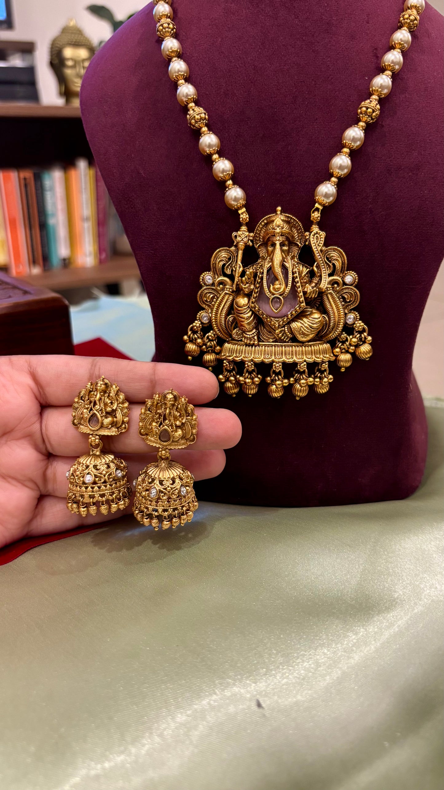 Siddhivinayak Pearl Beaded Haaram with Jhumkas