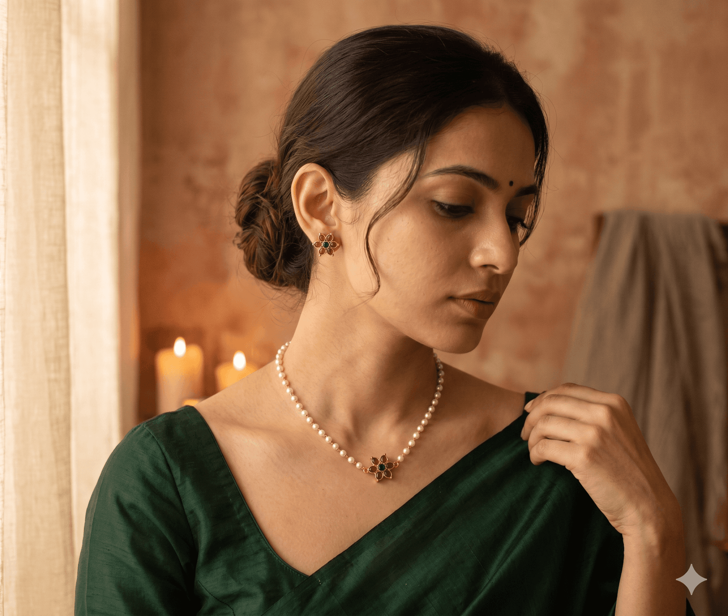 Elegant South Indian bridal necklace and earrings with floral design, paired with a green saree.