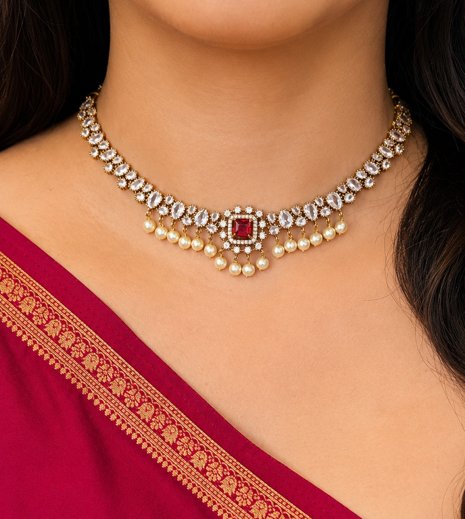 Zivara AD Stone Pearl Interchangeable Short Necklace Set
