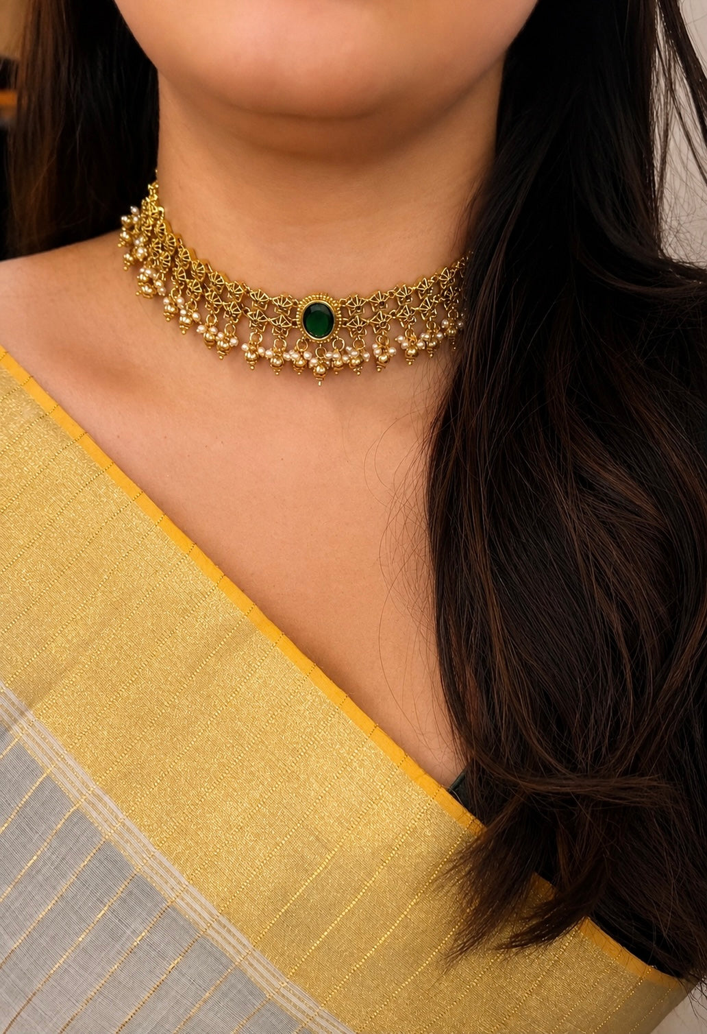Charulata Premium Pearl Cluster Antique Choker Set