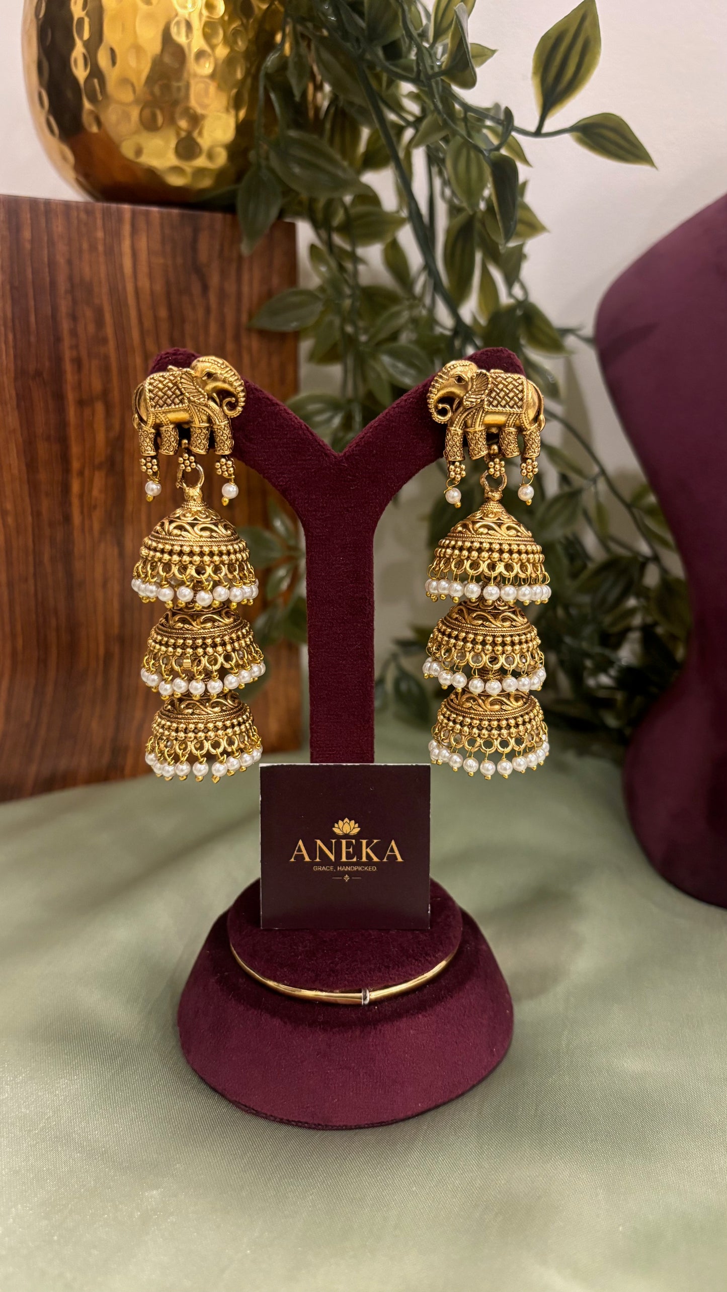 Hasthi Triple Layered Pearl Jhumka Set