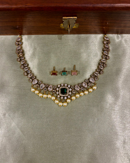 Zivara AD Stone Pearl Interchangeable Short Necklace Set