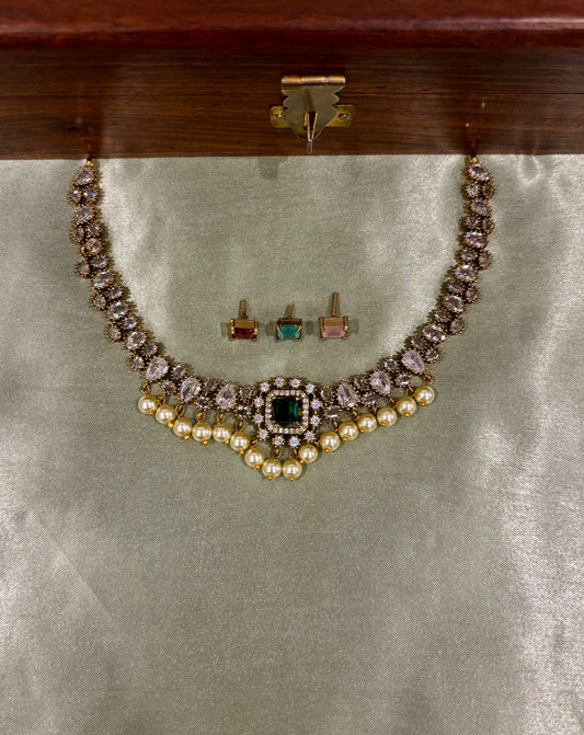 Zivara AD Stone Pearl Interchangeable Short Necklace Set