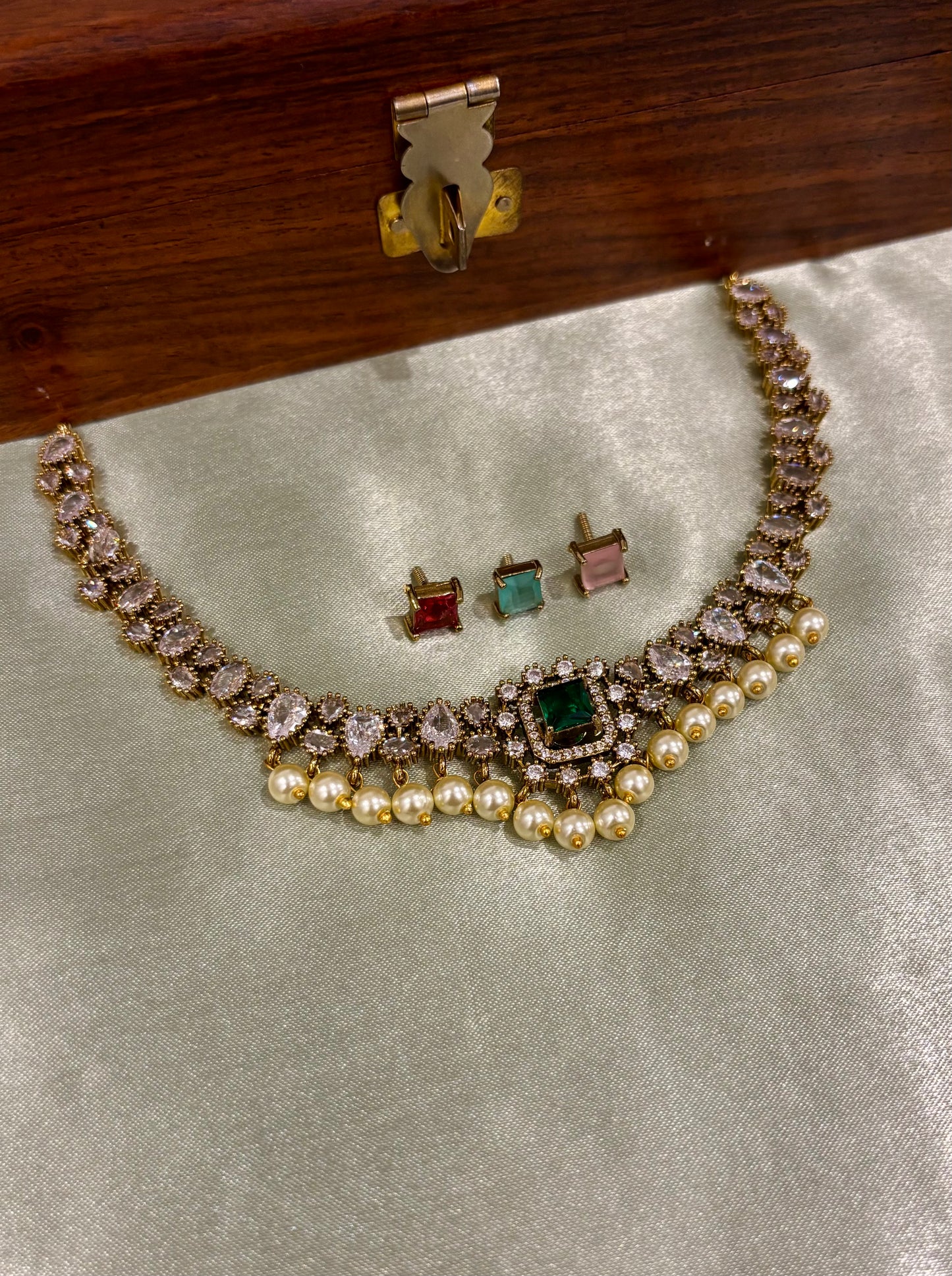 Zivara AD Stone Pearl Interchangeable Short Necklace Set