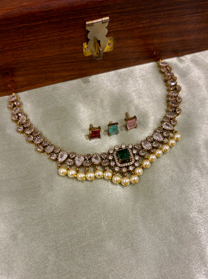 Zivara AD Stone Pearl Interchangeable Short Necklace Set