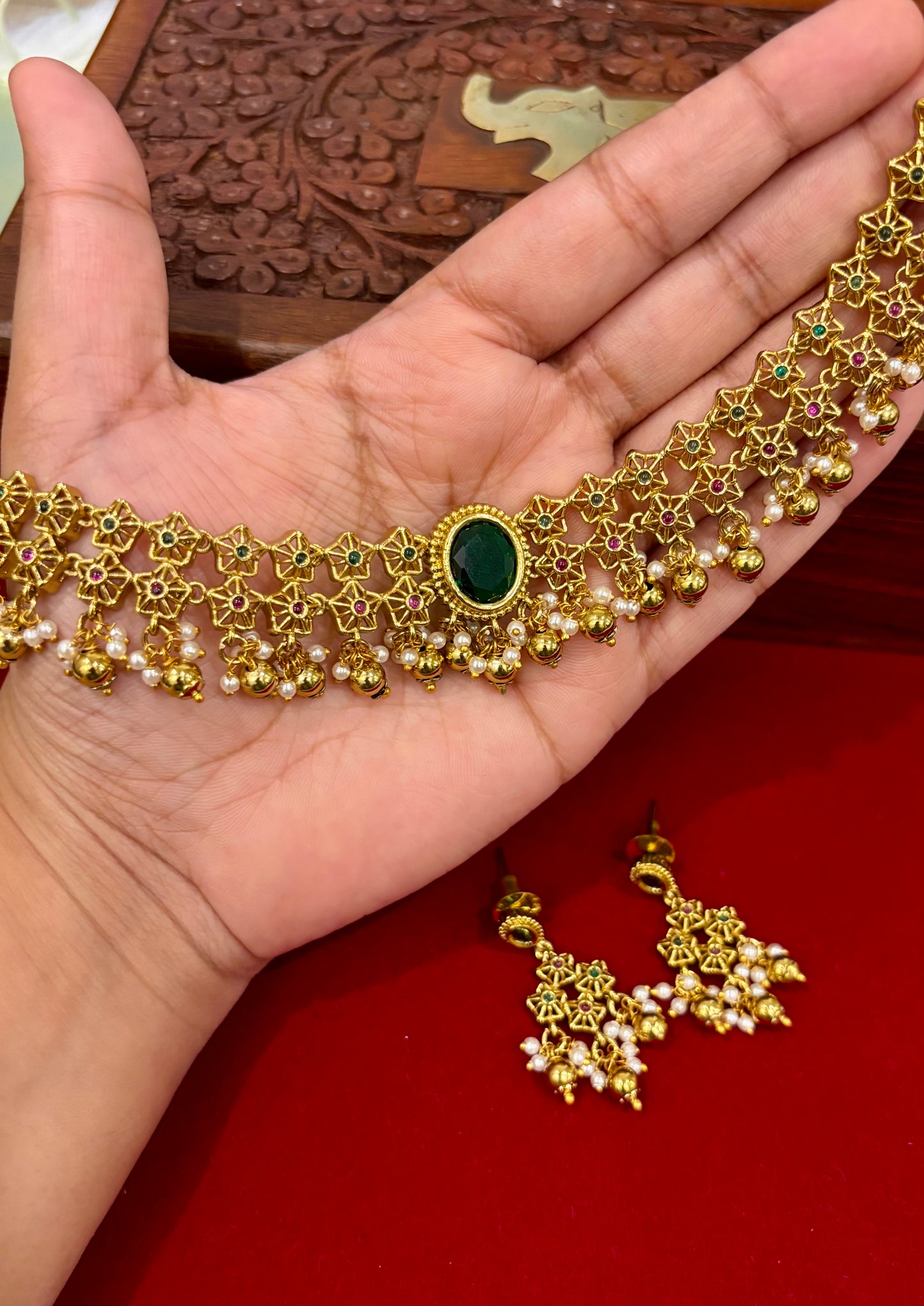 Charulata Premium Pearl Cluster Antique Choker Set