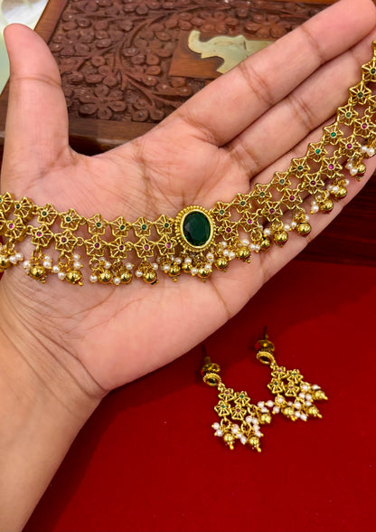 Charulata Premium Pearl Cluster Antique Choker Set