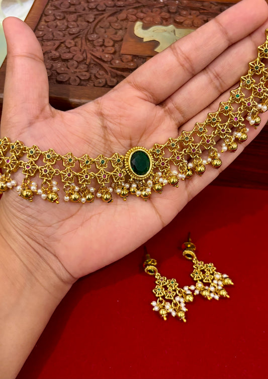 Charulata Premium Pearl Cluster Antique Choker Set
