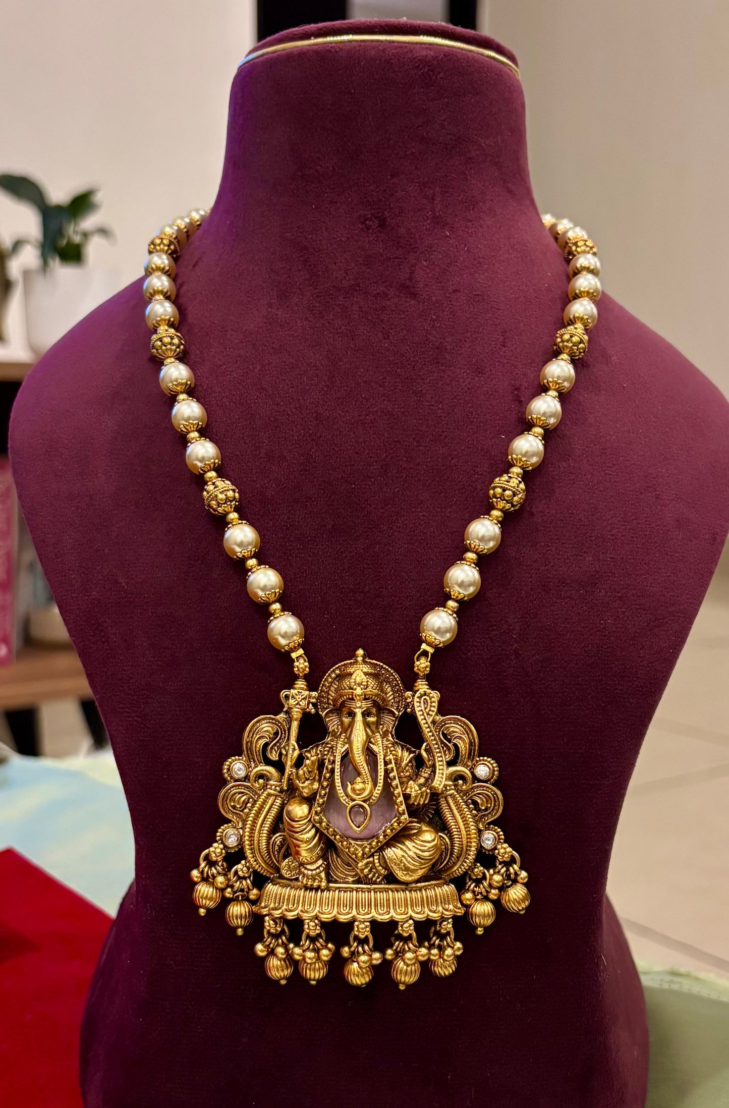 Siddhivinayak Pearl Beaded Haaram with Jhumkas