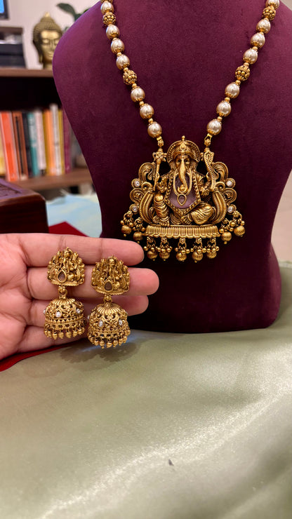 Siddhivinayak Pearl Beaded Haaram with Jhumkas