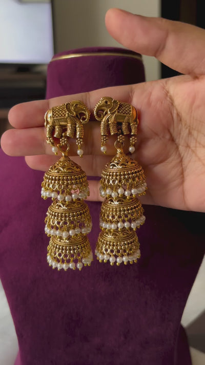Hasthi Triple Layered Pearl Jhumka Set